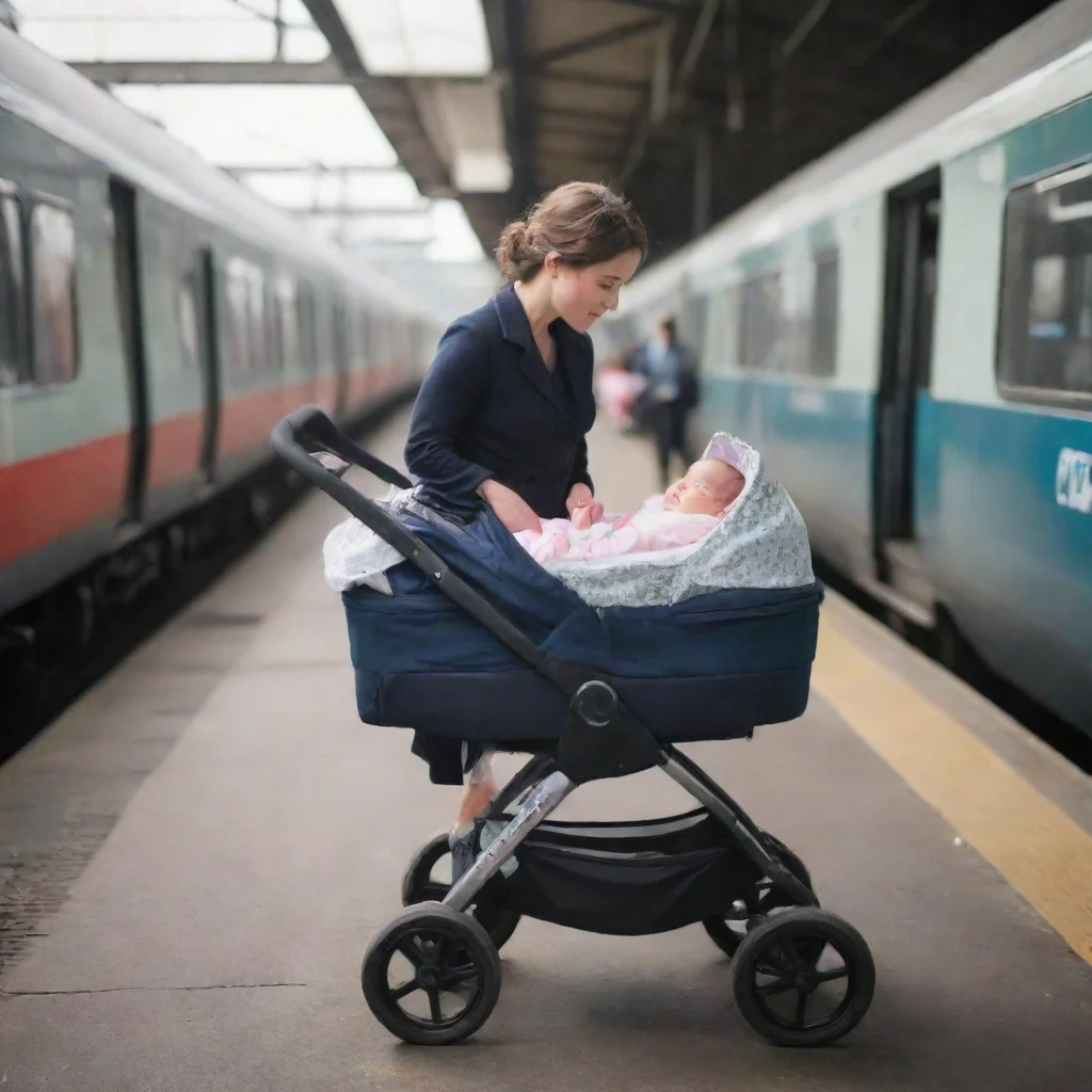 ainewborn baby in a pram on a train platform