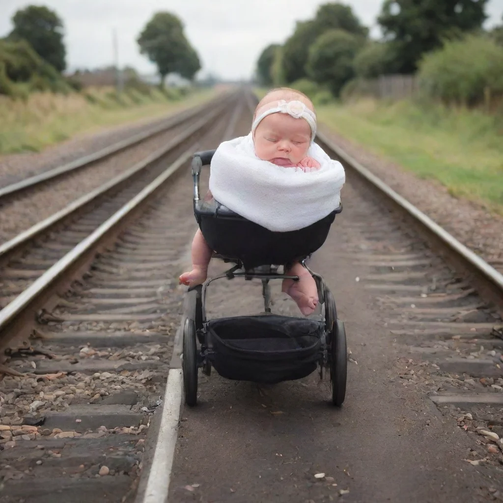 ainewborn baby in a pram on a train track