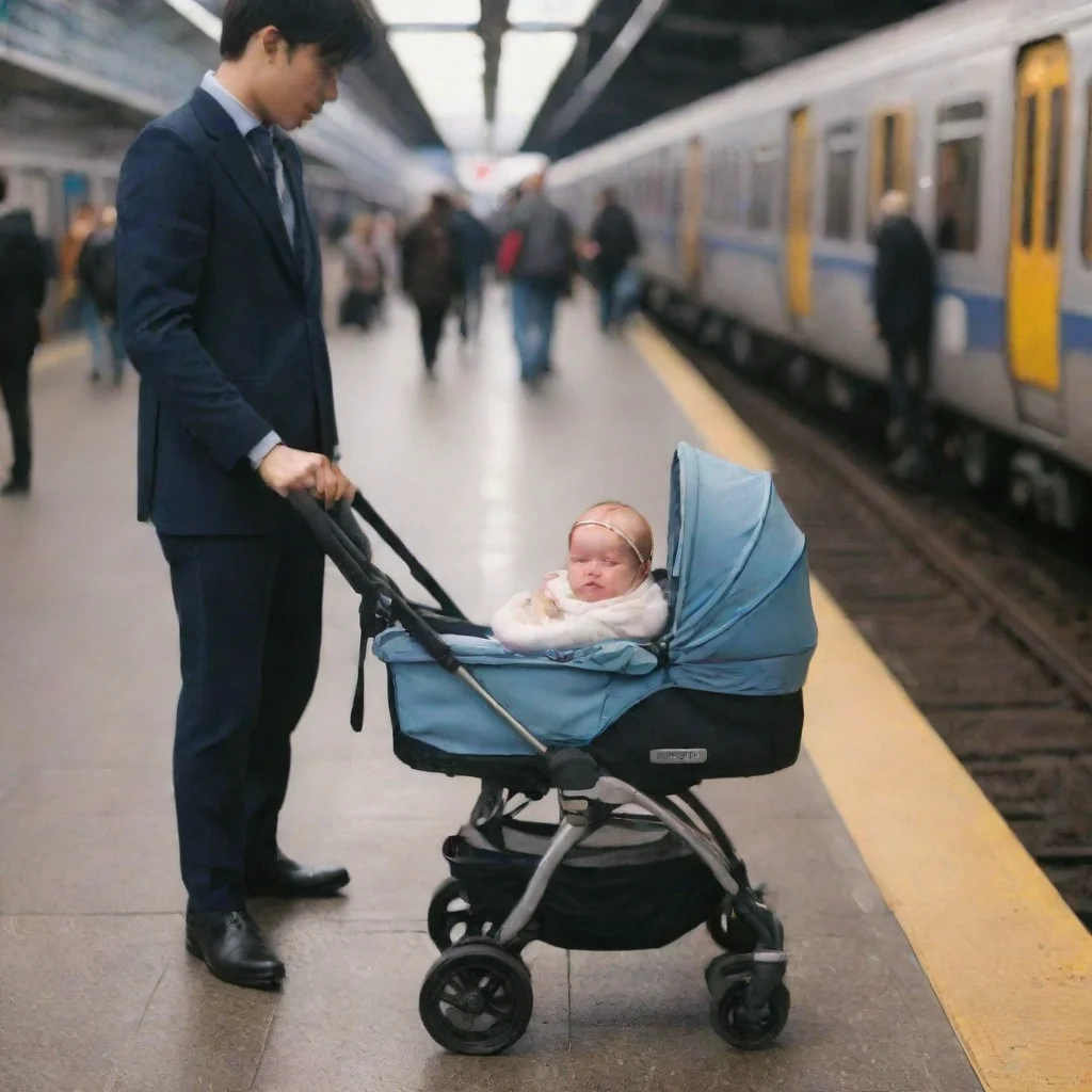 ainewborn baby in a stroller on a train platform