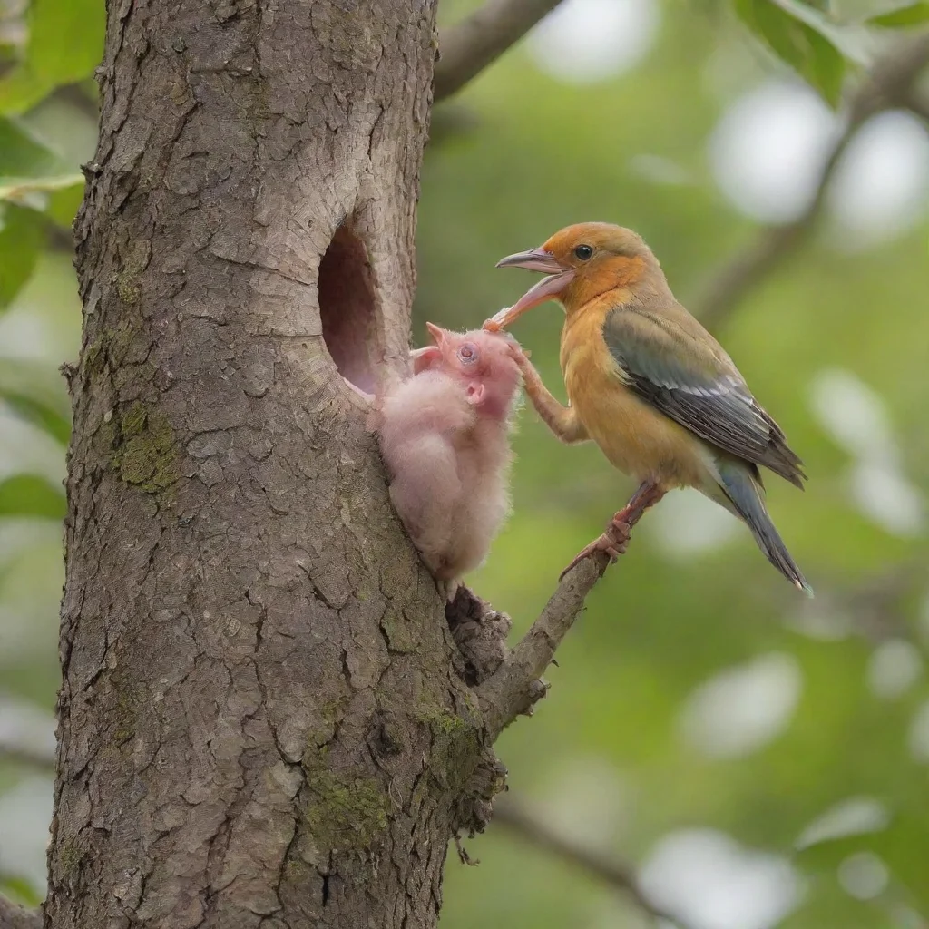 ainewborn baby on a tree while a bird pecks at it
