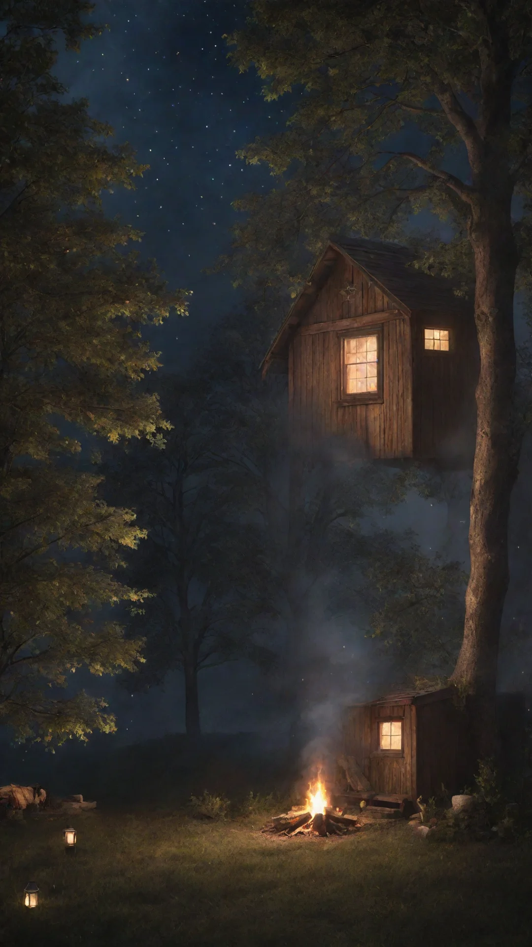 night time shed with stars and trees with a warm glow from the windows and a smoking fire. magical and hyper realistic tall