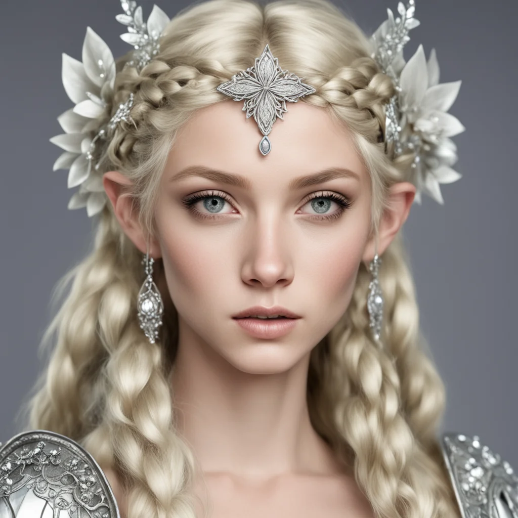nimrodel with blond hair with braids wearing silver flower elven circlet with diamonds confident engaging wow artstation art 3