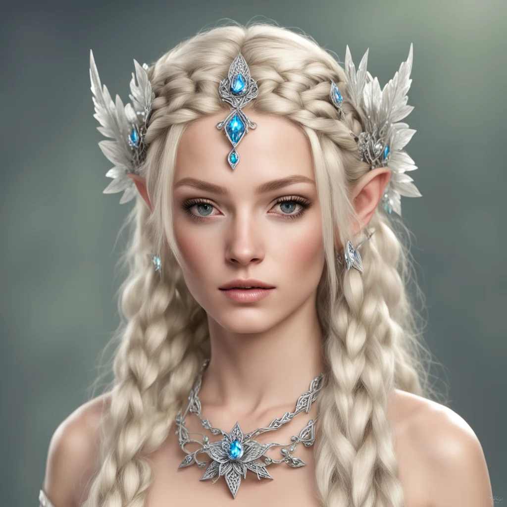 nimrodel with blond hair with braids wearing silver flower elven circlet with diamonds good looking trending fantastic 1