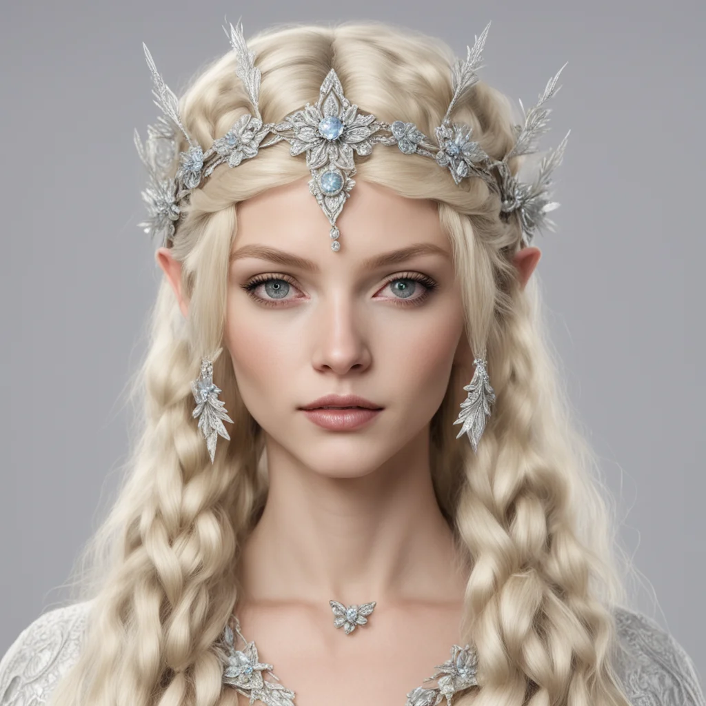nimrodel with blond hair with braids wearing silver flower elven circlet with diamonds