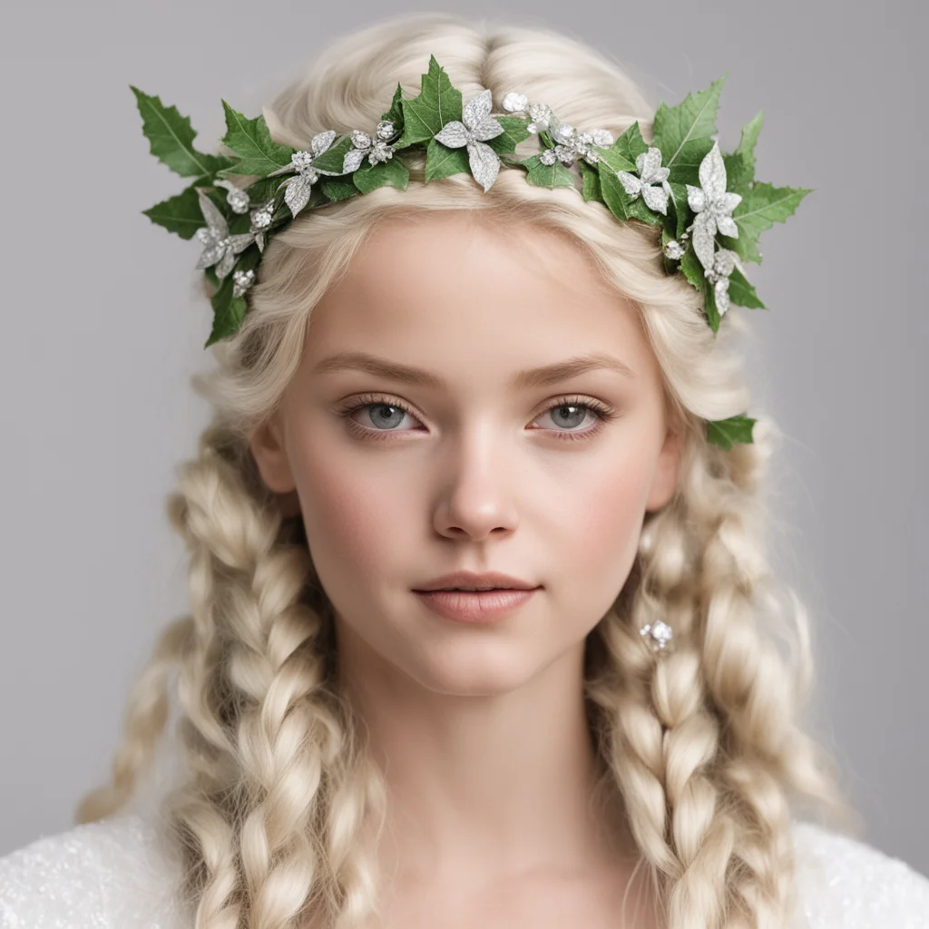 nimrodel with blond hair with braids wearing silver holly leaf circlet with diamonds confident engaging wow artstation art 3