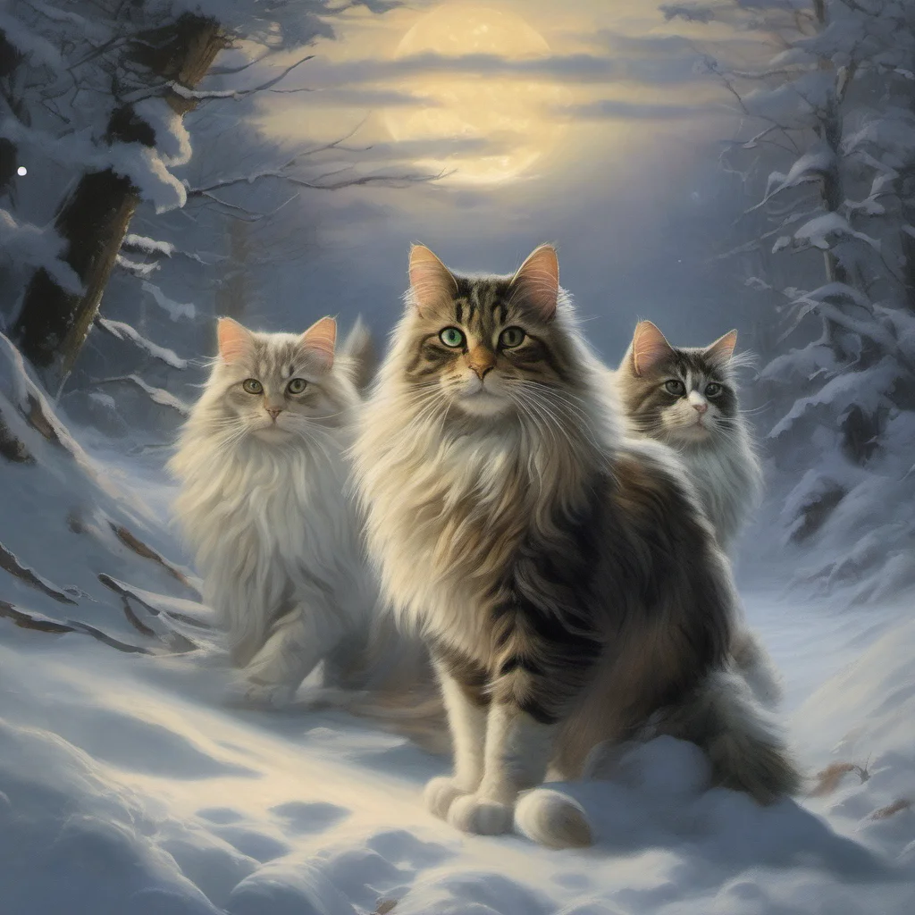 norwegian forest cats being ridden by sylphs in the moonlit snow  good looking trending fantastic 1