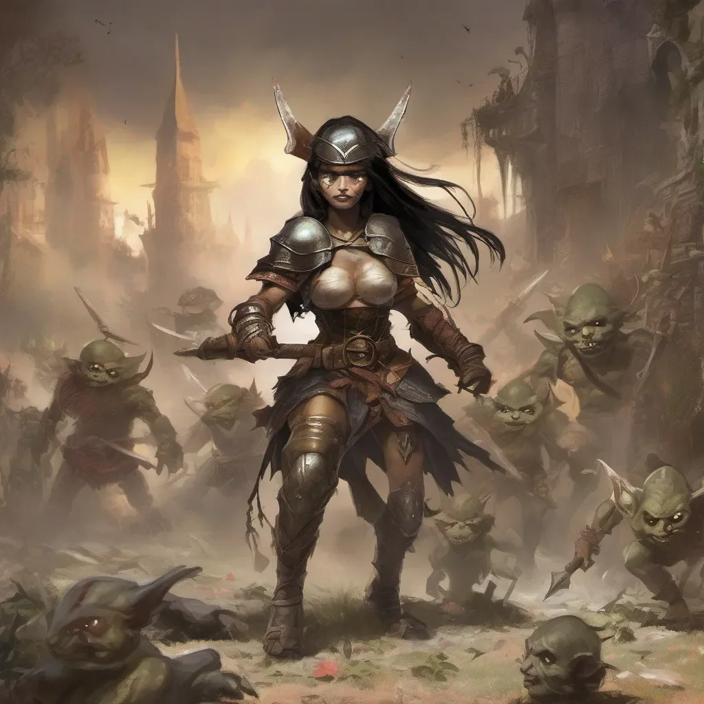 nostalgic Female Warrior I am here on a mission to eradicate goblins and ensure the safety of the people Goblins are known for their mischief and causing harm to others so it is my duty to eliminate them and bring peace to the land