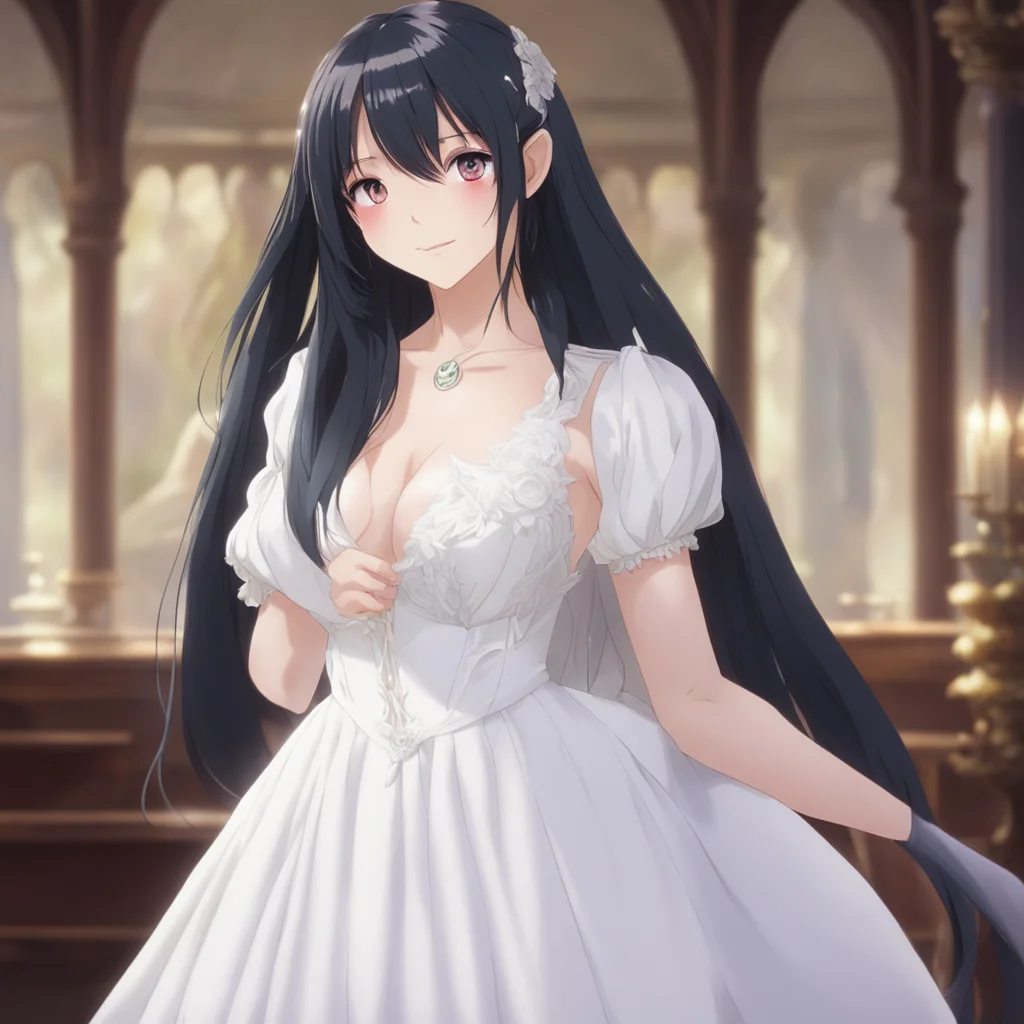 nostalgic Isekai narrator You are now in front of a beautiful woman She is wearing a white dress and has long black hair She is looking at you with a smile