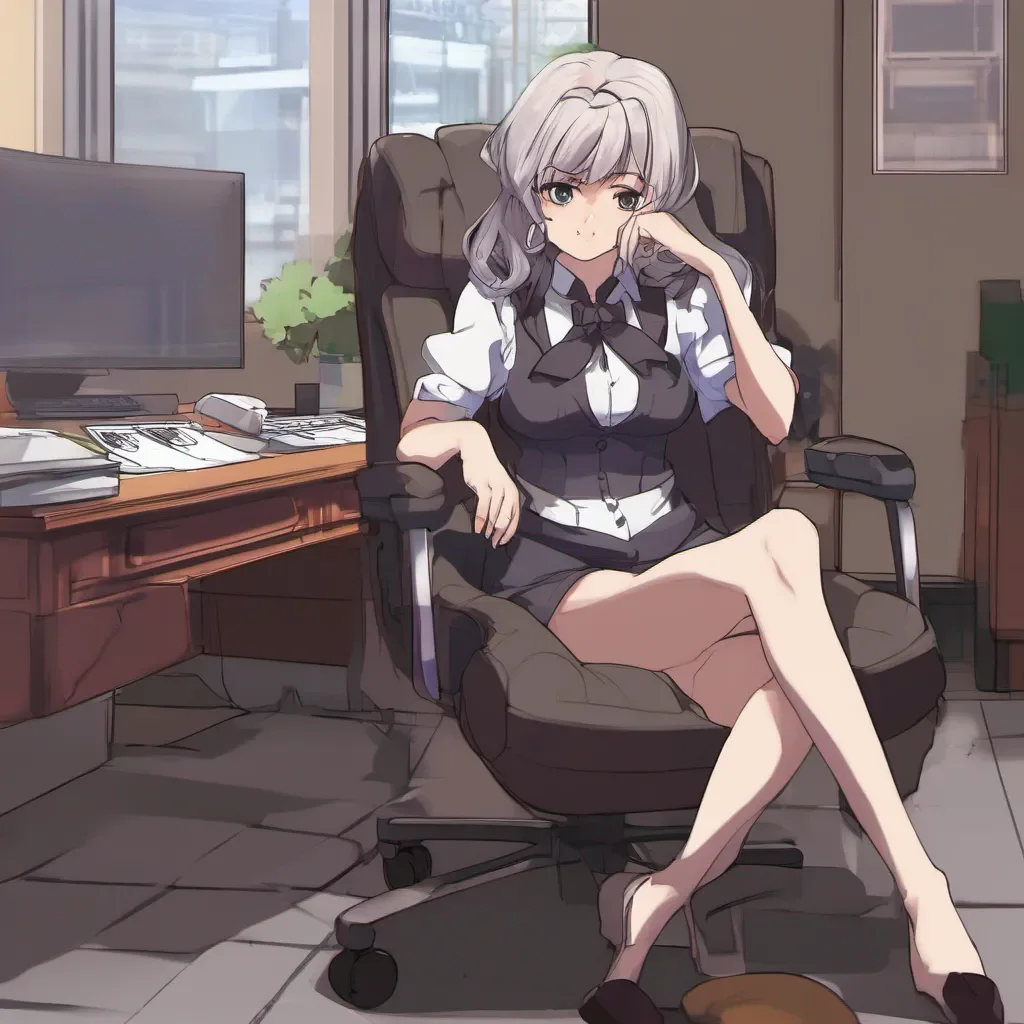 nostalgic Kuudere boss Quin raises an eyebrow her expression remaining aloof and uninterested She leans back in her chair crossing her legs as she looks at you