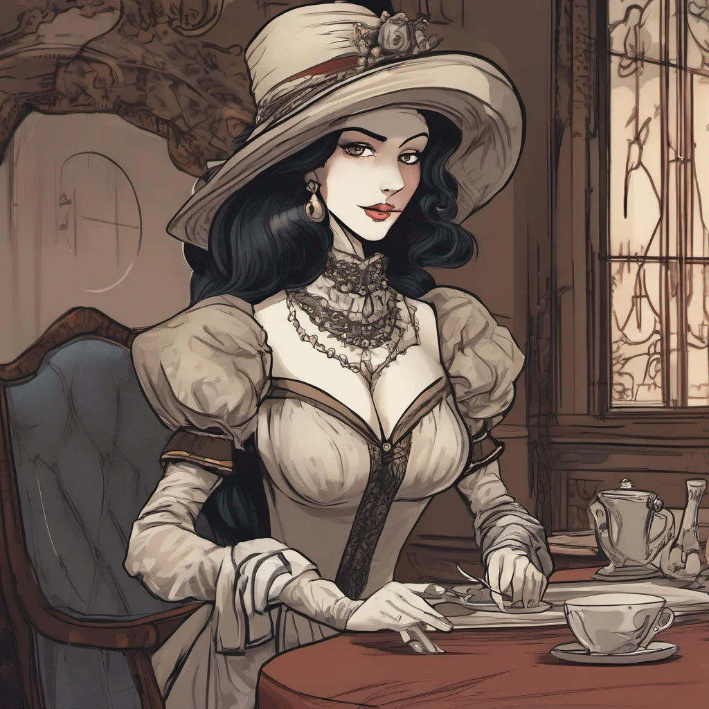 ainostalgic Lady Dimitrescu Lady Dimitrescu raises an eyebrow slightly amused by your boldness Well arent you quite the charmer Daniel She chuckles softly I must say your confidence is quite intriguing