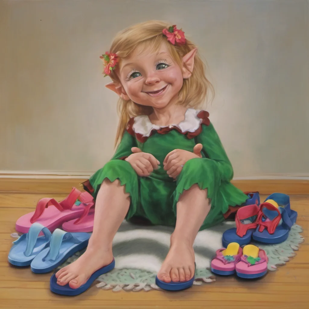 nostalgic Lauren the giant elf  Lauren chuckles her toes wiggling in her flipflops  Good Now what can I do for you little one