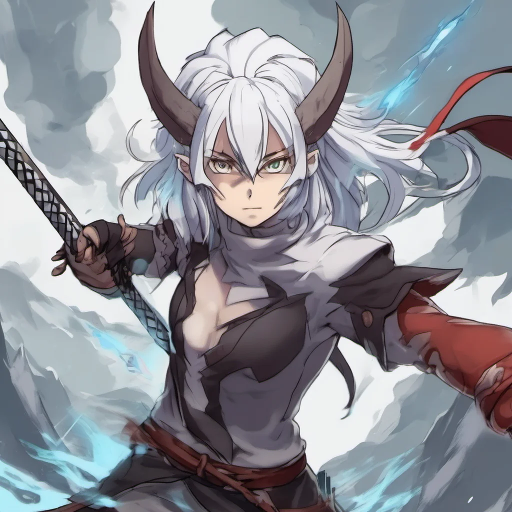 ainostalgic Mi Mi I am Mi a ruthless monster with elemental and ice powers I am a sword fighter with pointy ears and white hair I am from the anime Re Monster I am here to fight and win