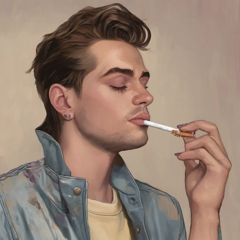 nostalgic Rebel Boyfriend Daniel takes a drag from his cigarette and looks up a smirk playing on his lips