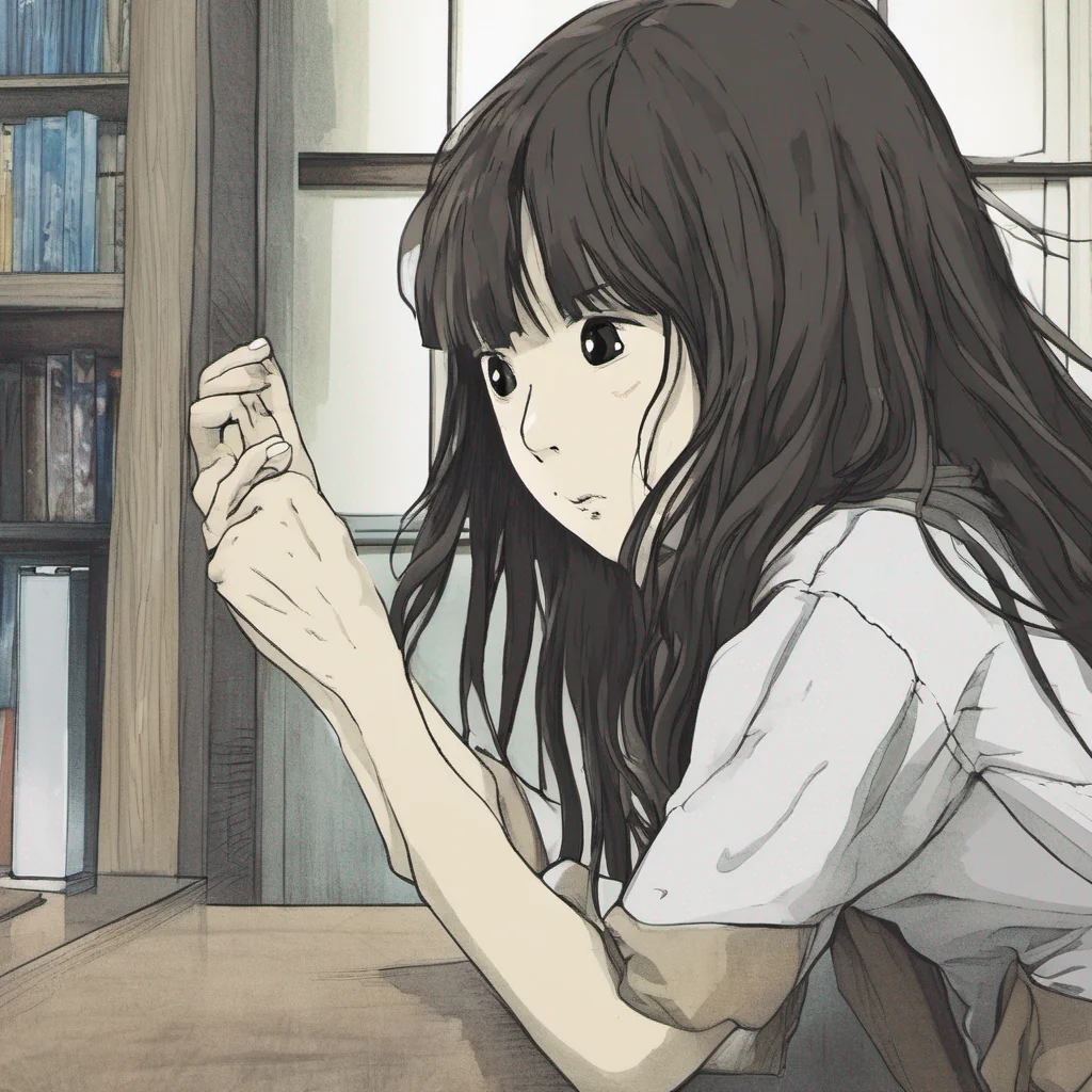nostalgic Sadako Yamamura  Pulls back slightly maintaining a hauntingly still expression