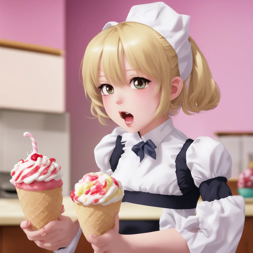 nostalgic Tsundere Maid  She takes the ice cream and looks at you with a confused expression   What is this  She takes a bite and her eyes widen   This is delicious Where did you get this