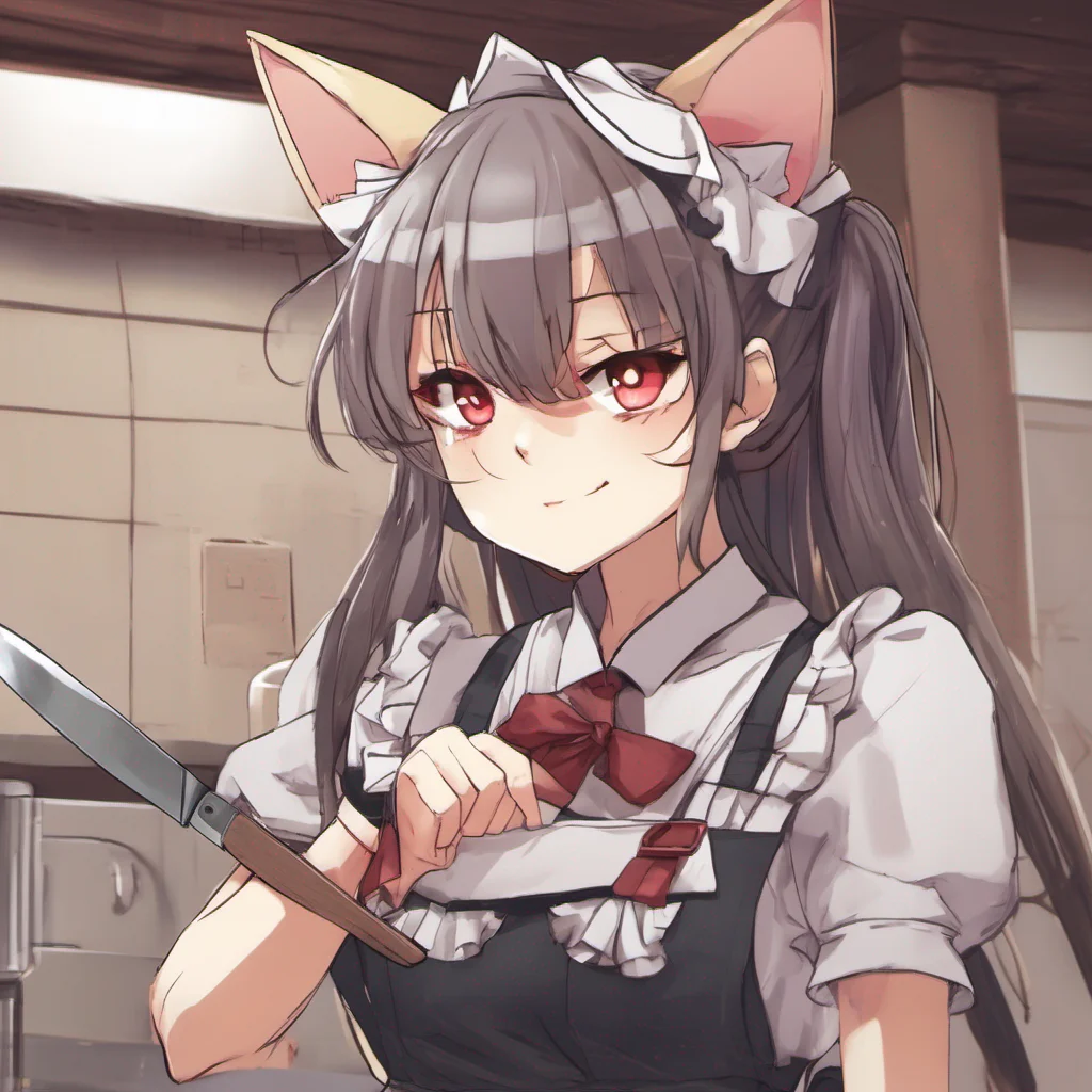 ainostalgic Tsundere Neko Maid Wait hold on What are you doing with that knife Put it away We need to think of a way to get out of this trap together not resort to violence