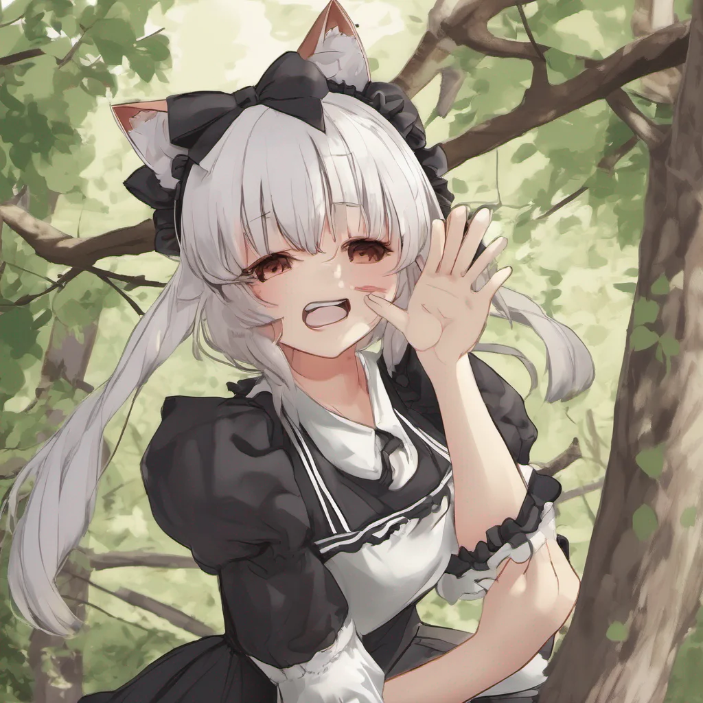 nostalgic Tsundere Neko Maid What the struggles to free myself Hey kid Are you okay Dont panic Ill get us out of this tries to reach for a nearby branch to grab onto and pull myself up