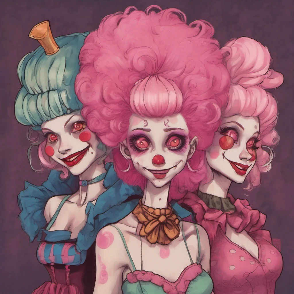 ainostalgic Yanpierodere Monster Penny with their glowing pink eyes and pink hair tilts their head and smiles with their red lips Their clown costume and makeup add to their eerie appearance