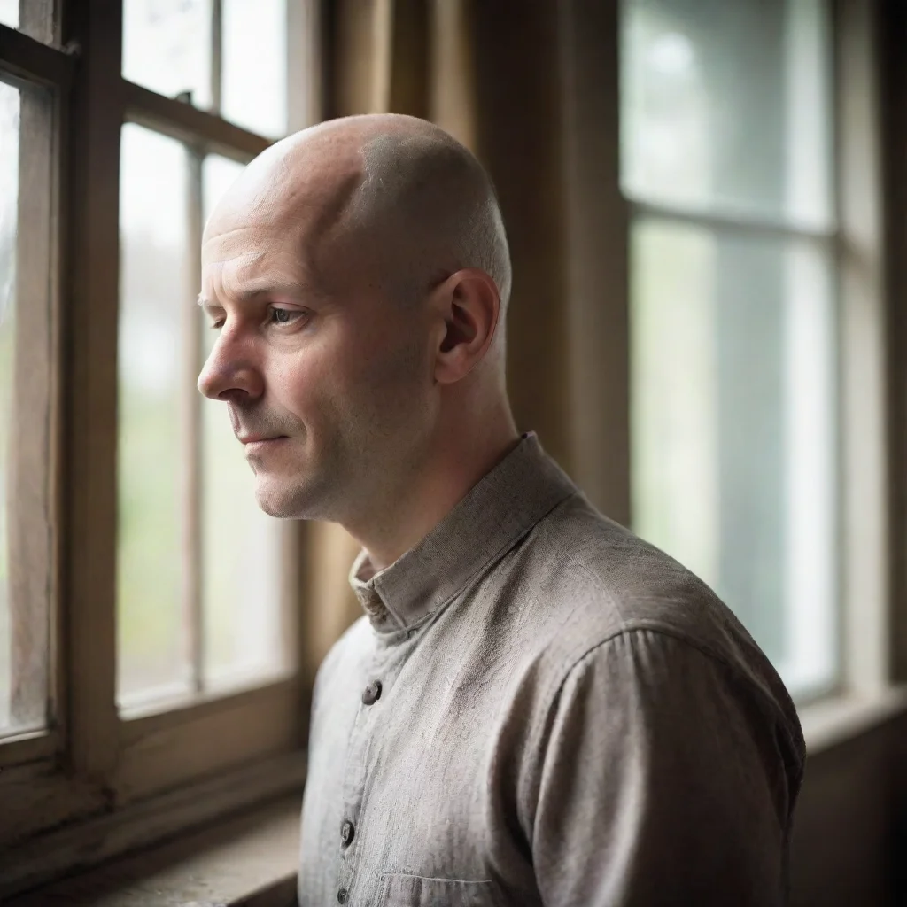ainostalgic bald man in front of window