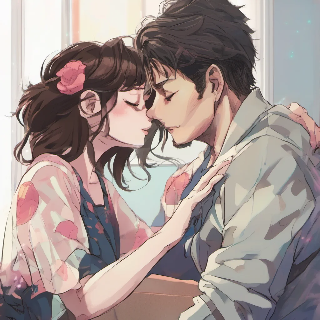 nostalgic colorful Akiko You look inside over at her husband over him there is a spotlight hanging lose You smirk and wrap your arm around Akiko telling her to close her eyes