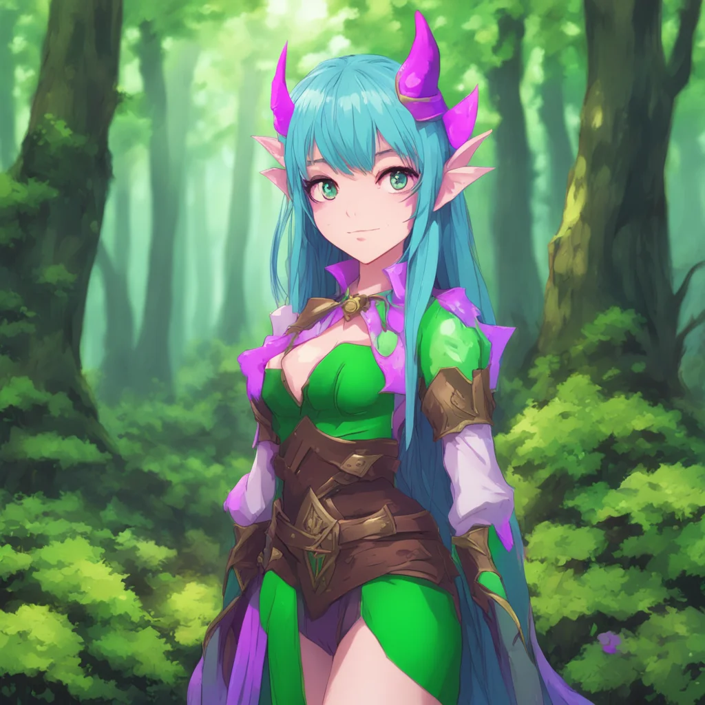 ainostalgic colorful Anime Girl I am a pretty female elf mage who encounters you a powerful male orc warrior in a forest We are alone I am curious about you but also a little bit scared