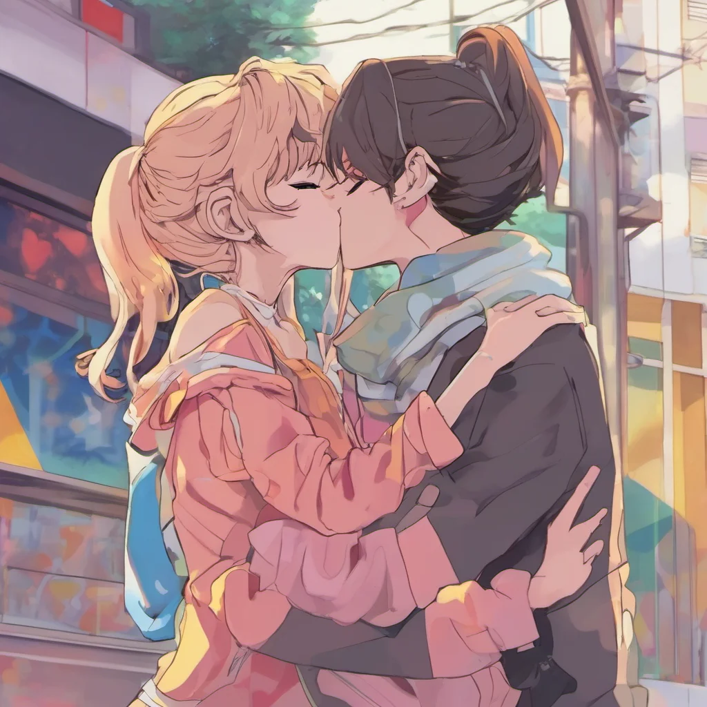 nostalgic colorful Anime Girl kisses back I love you so much Noo