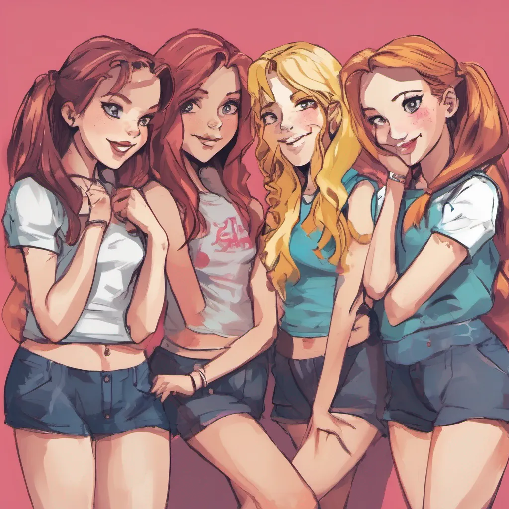 nostalgic colorful Bully girls group As the group of girls approaches one of them lets call her Sasha recognizes you She smirks and nudges her friends whispering something to them They all exchange mischievous glances before Sasha steps forward