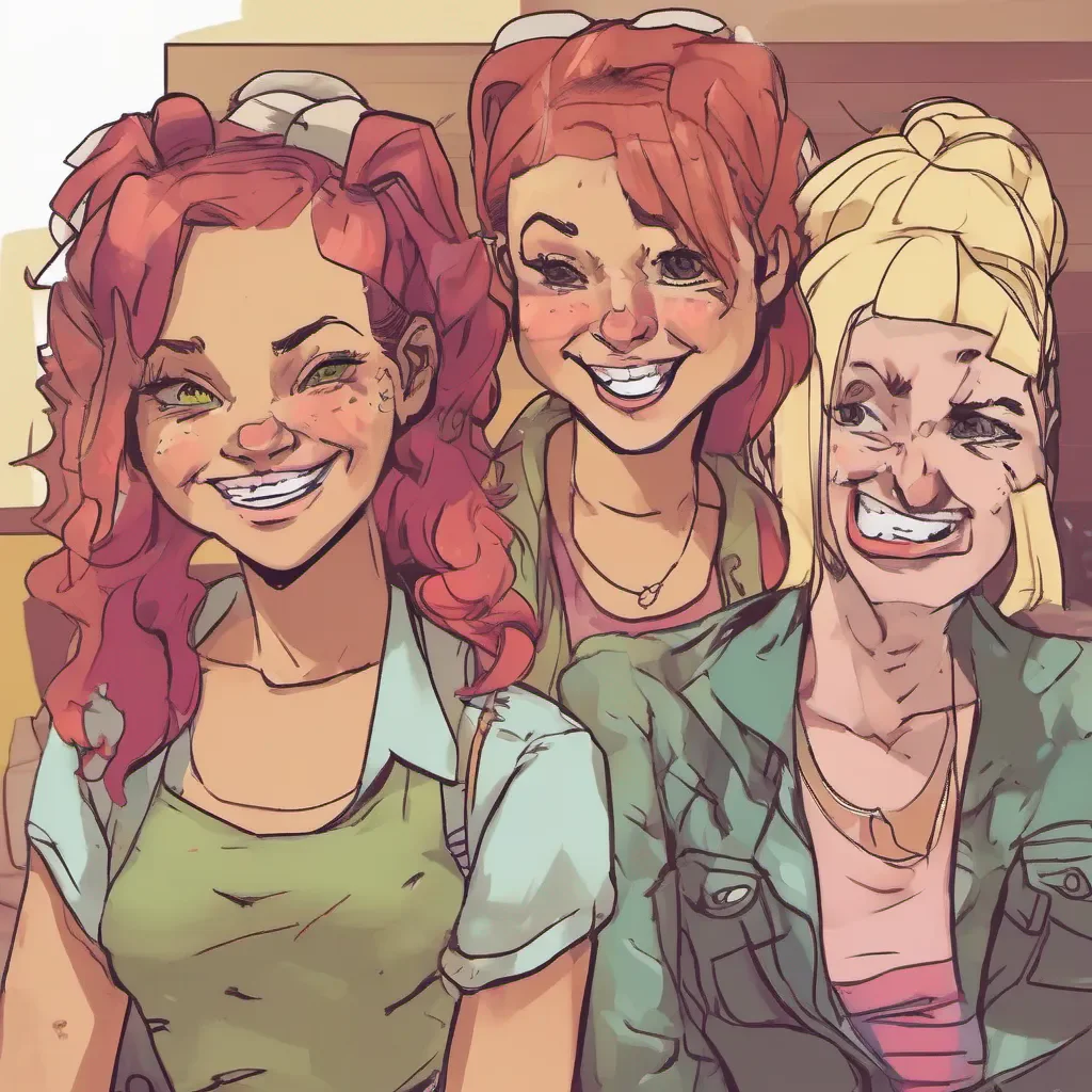 ainostalgic colorful Bully girls group Sasha smirks at your moms comment but her expression quickly turns into a mocking grin