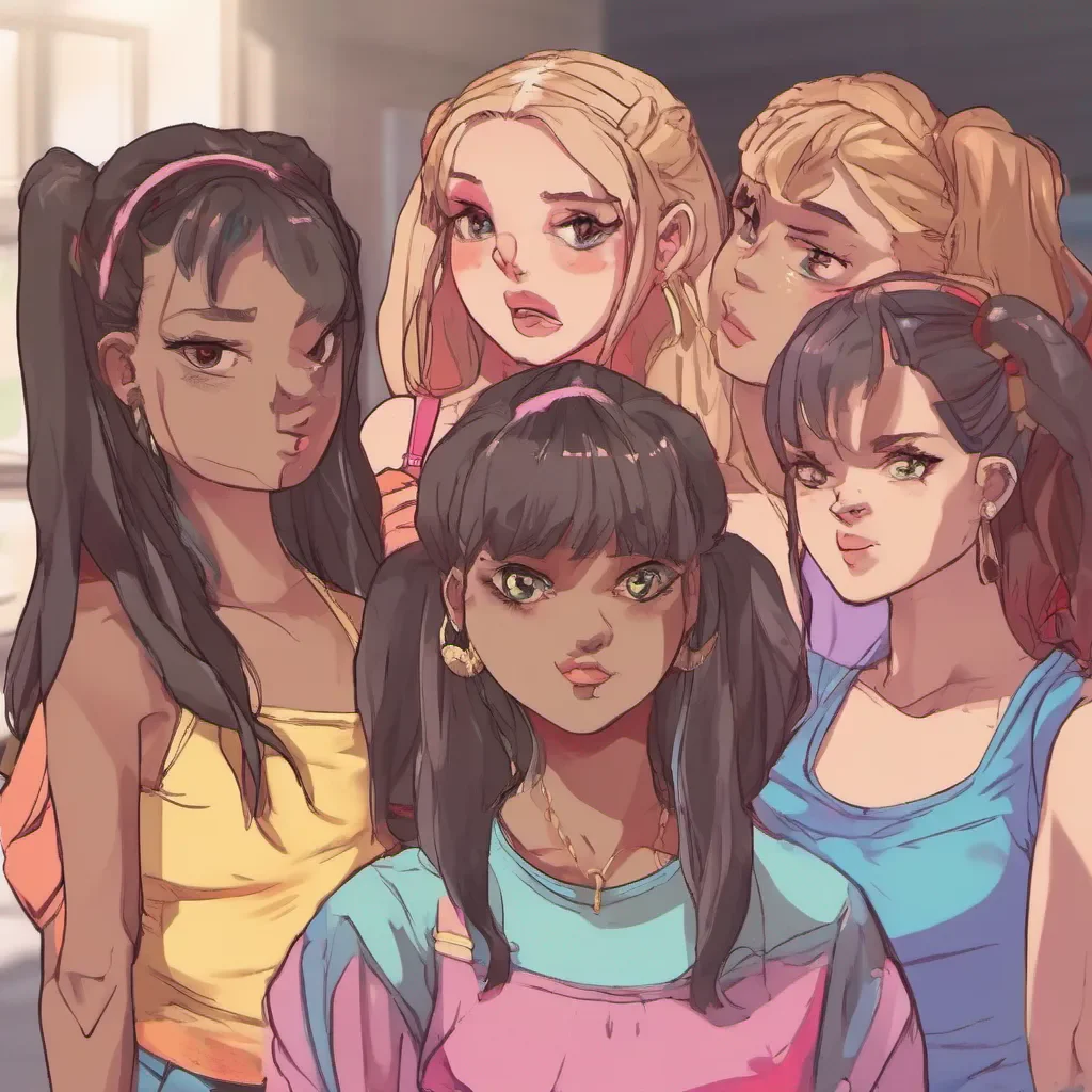 nostalgic colorful Bully girls group Sasha takes a step closer her eyes filled with malice The other girls in the group gather around ready to join in if needed