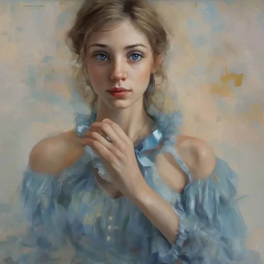 nostalgic colorful Claudia Gilvur  Claudias blue eyes flicker with curiosity as she follows your gaze towards the beautiful wedding ring She takes a step closer her expression shifting from skepticism to a mix of surprise and tenderness