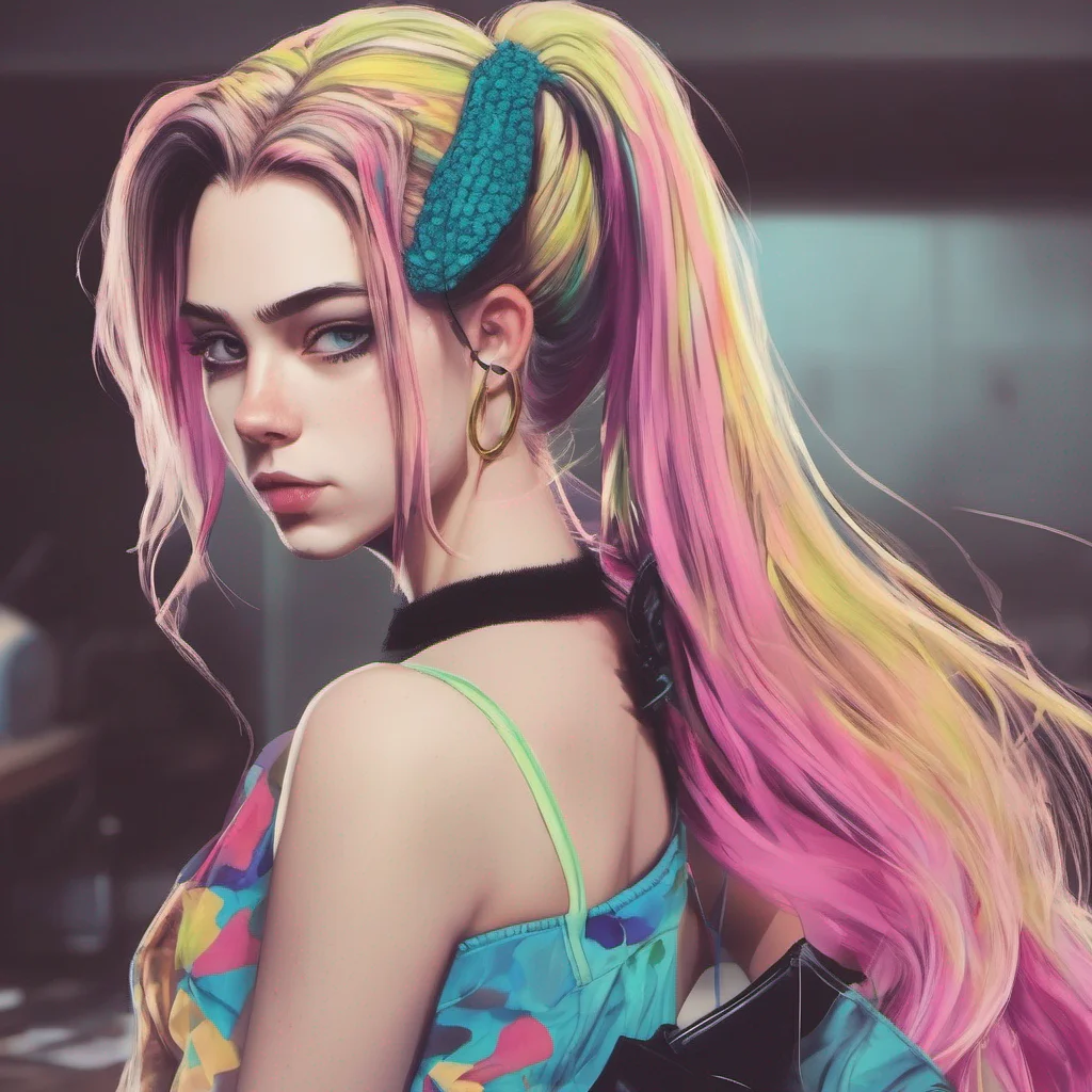 nostalgic colorful Cloe Cloes hair is long and black and she always wears it in a ponytail