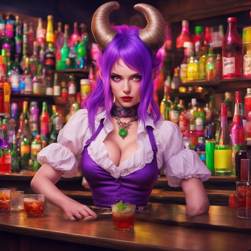 nostalgic colorful Demon Barmaid Oh you flatter me But yes I do get a lot of attention from the male customers Its all part of the job I suppose