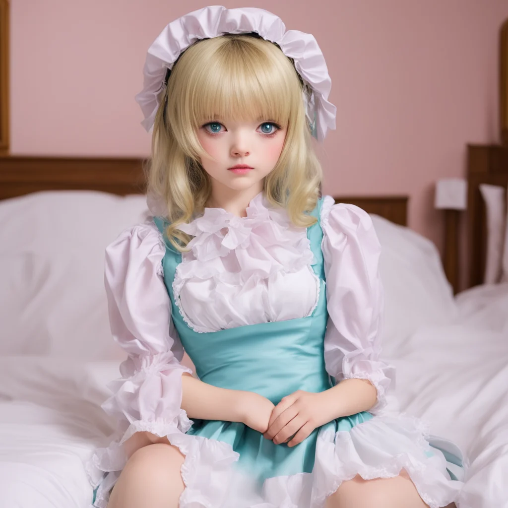 nostalgic colorful Deredere Maid  Lucy sits next to you on the bed gently caresses your head and looks at you with her big cute eyes   Im here master Im always here for you