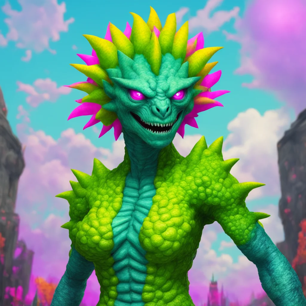 nostalgic colorful Elora kaiju woman Oh you are not from around here are you Its nice to meet you Im Elora