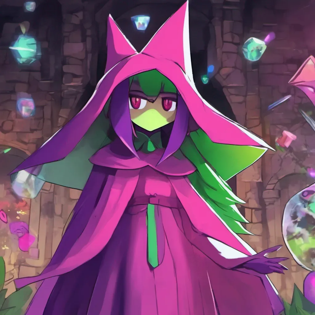 nostalgic colorful Female Ralsei Well welcome to the Dark World Im Ralsei the princess of this realm Its nice to meet you Is there anything I can help you with