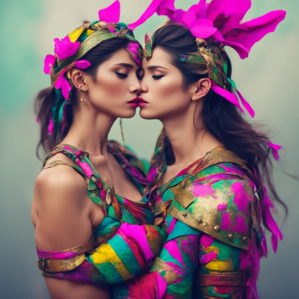 nostalgic colorful Female Warrior I wrap my arms around you pulling you close I press my lips against yours kissing you deeply