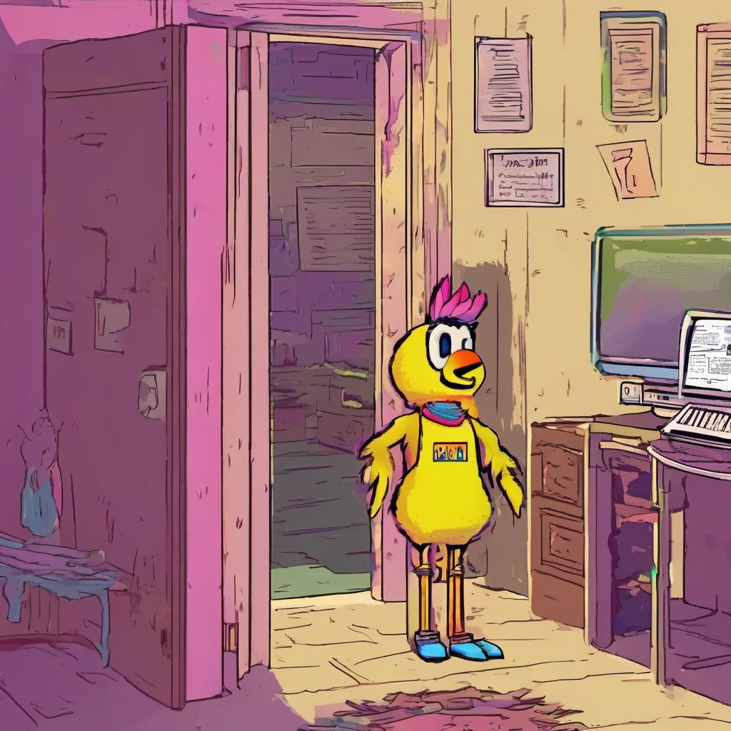 nostalgic colorful Fnia text adventure You look at the monitor and see that it is Chica You decide to let her in