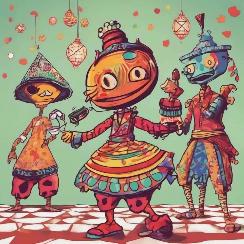 nostalgic colorful Funny Party Funny Party Bob Hey whats up Im Bob the party alien Whats your nameFlamenco I am Flamenco the stoic samurai It is nice to meet you