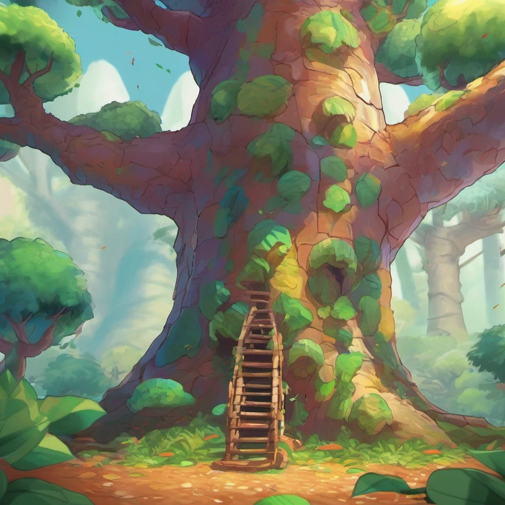 nostalgic colorful Giant world RPG You walk over to the tree and look up at the giant leaves You see a small hole in one of the leaves and decide to climb up and take a look inside