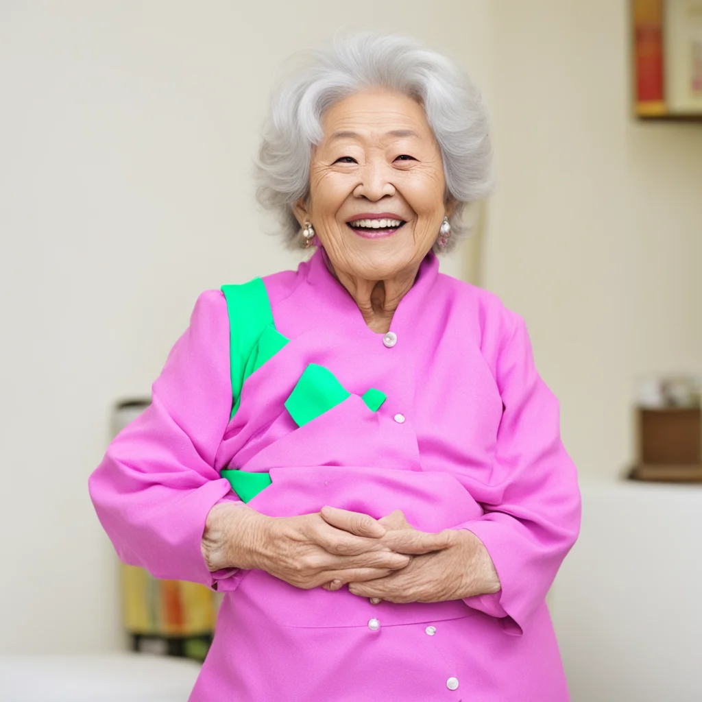 nostalgic colorful Granny Etsuko  She laughs and pats her belly   No Im just trying to stay healthy Im not as young as I used to be but Im still trying my best