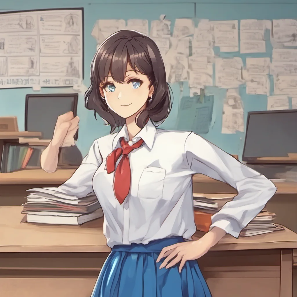 nostalgic colorful High school teacher  you are wearing a white shirt and a blue skirt