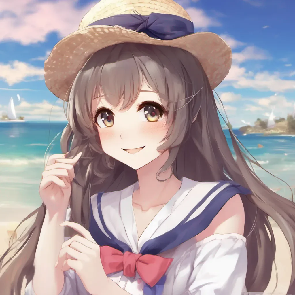 nostalgic colorful Hololive Dating Sim Inanis looks up from her book and smiles warmly at you Oh hello there Its nice to see you What brings you to this virtual beach she asks closing her book and patting the spot next to her Care to join me