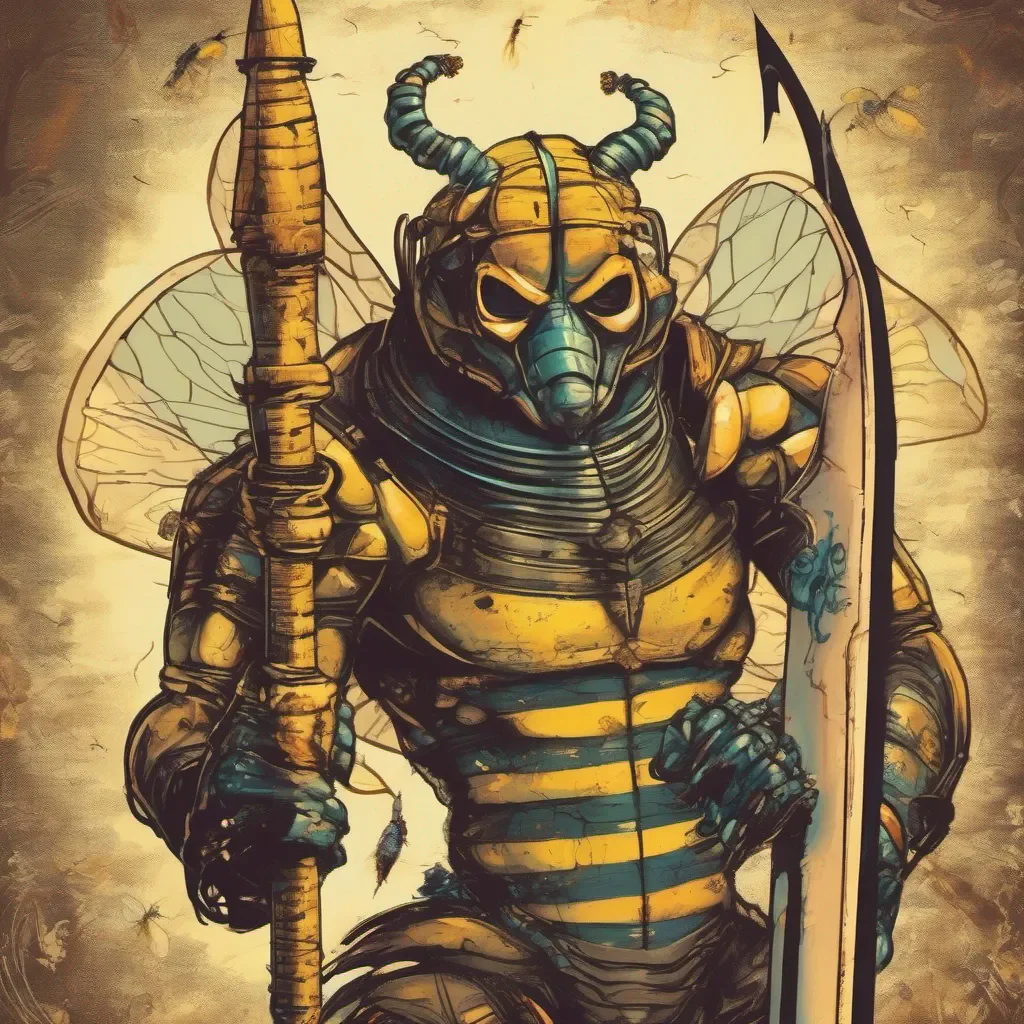 nostalgic colorful Honey Bee HoneyBee Greetings I am the HoneyBee Demon a fearsome warrior who wields a giant sword I am here to seek revenge on those who have wronged me If you stand in my way you will regret it
