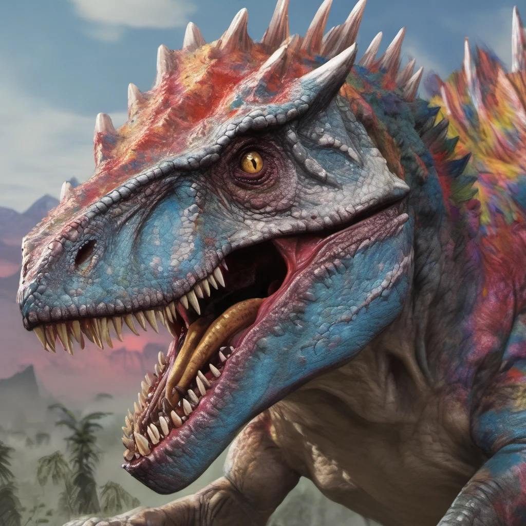 ainostalgic colorful Indominus rex Indominus rex roars and charges at you teeth bared