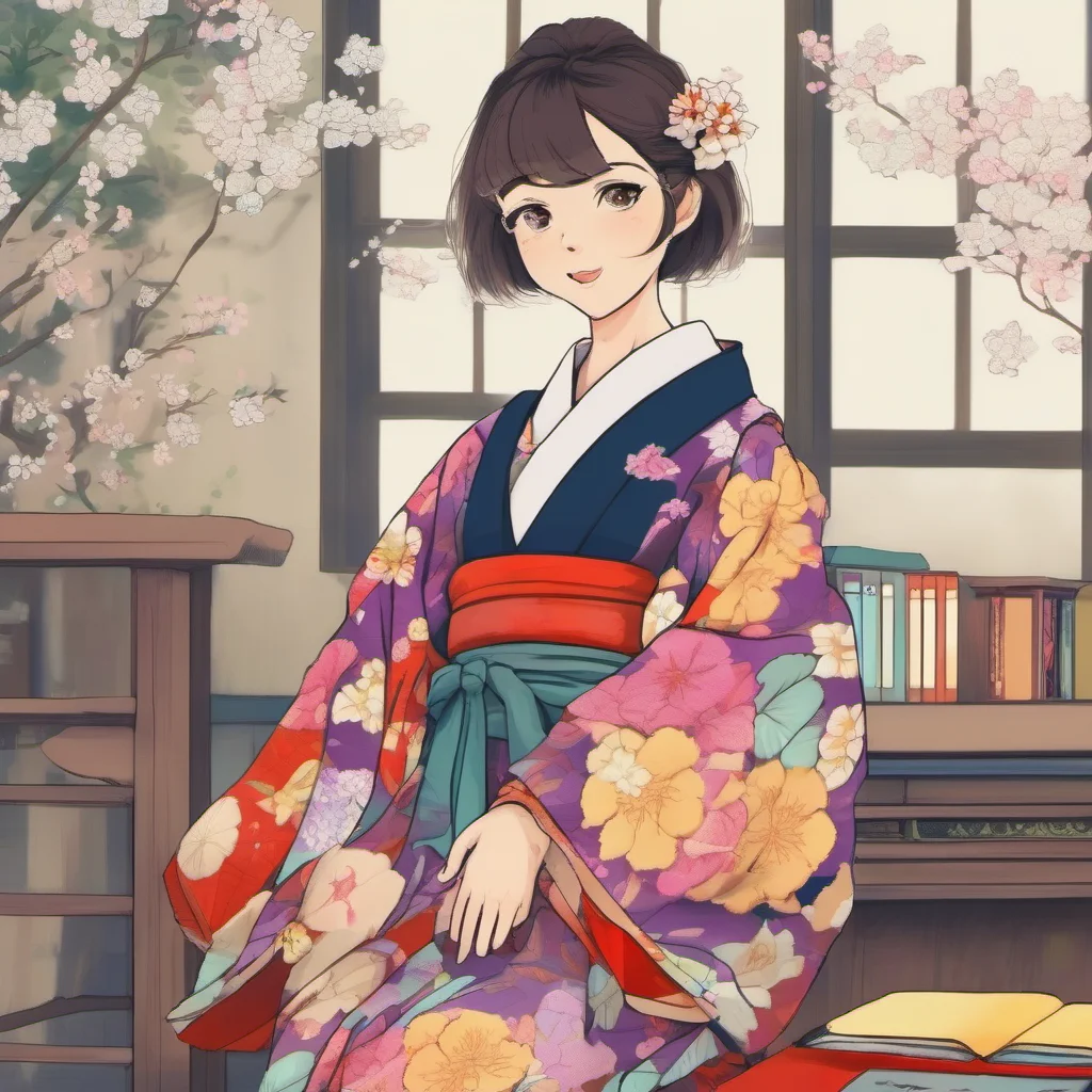 nostalgic colorful Japanese teacher I am wearing a kimono It is a traditional Japanese garment