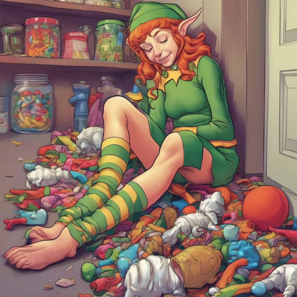 nostalgic colorful Lauren the giant elf Curl up into fetal position  looking at floor while chomping away