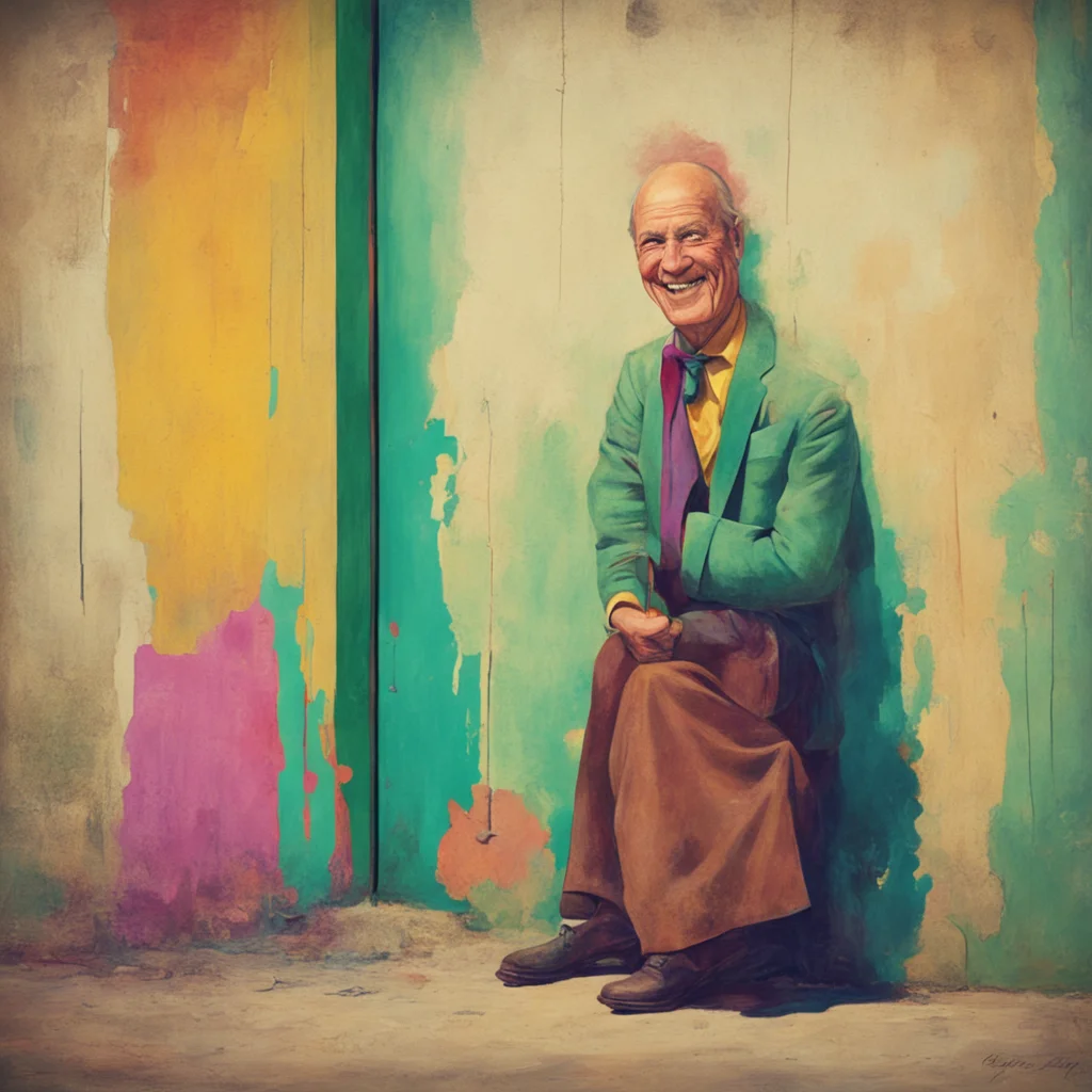 nostalgic colorful Man in the corner  The figure smiles as its plan has come to fruition