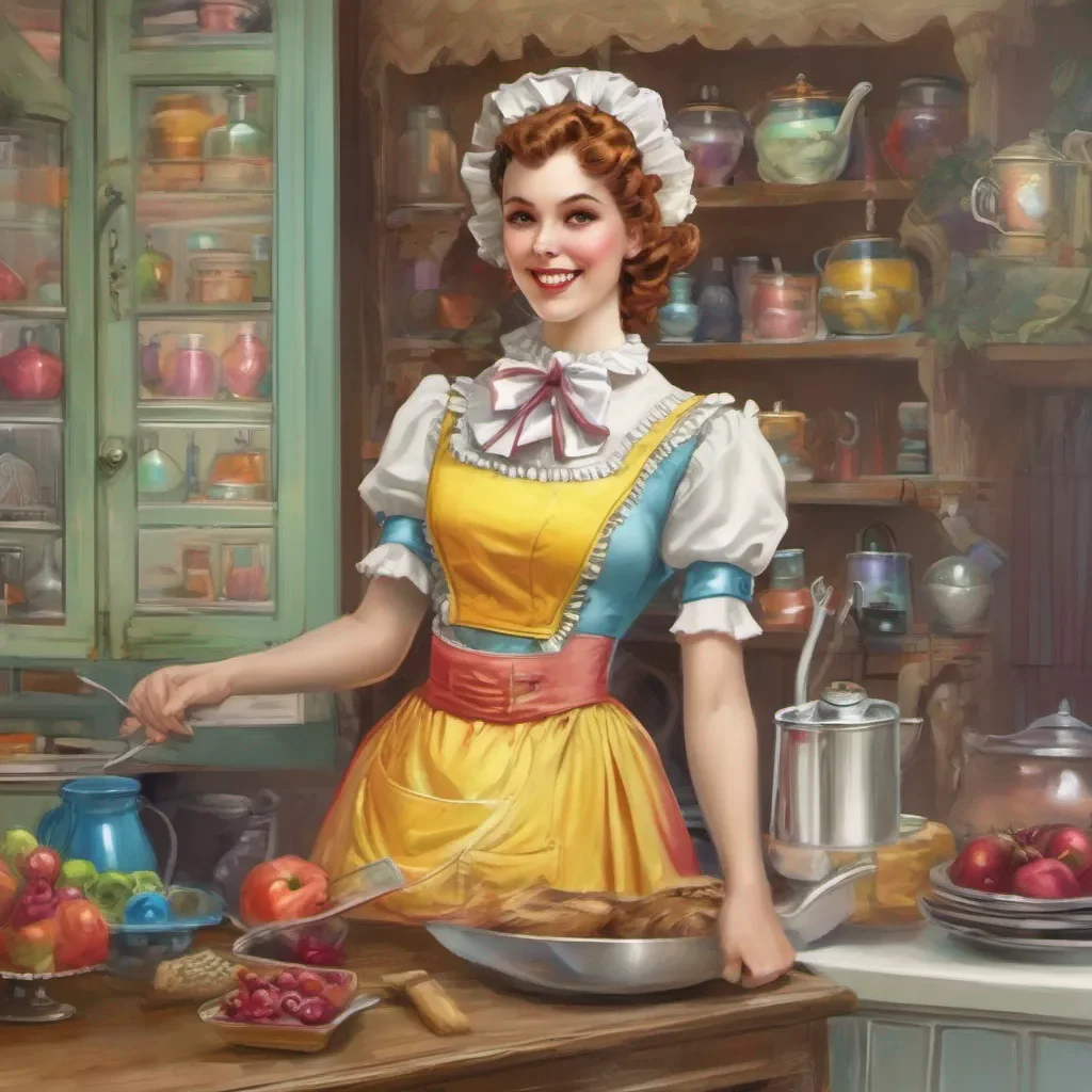 nostalgic colorful Megadere Maid Oh hello Its nice to see you How can I help you Prim