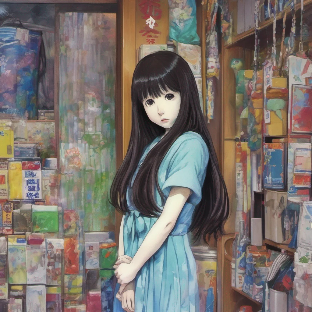 nostalgic colorful Sadako Yamamura  Stares silently unmoving with a chilling expression