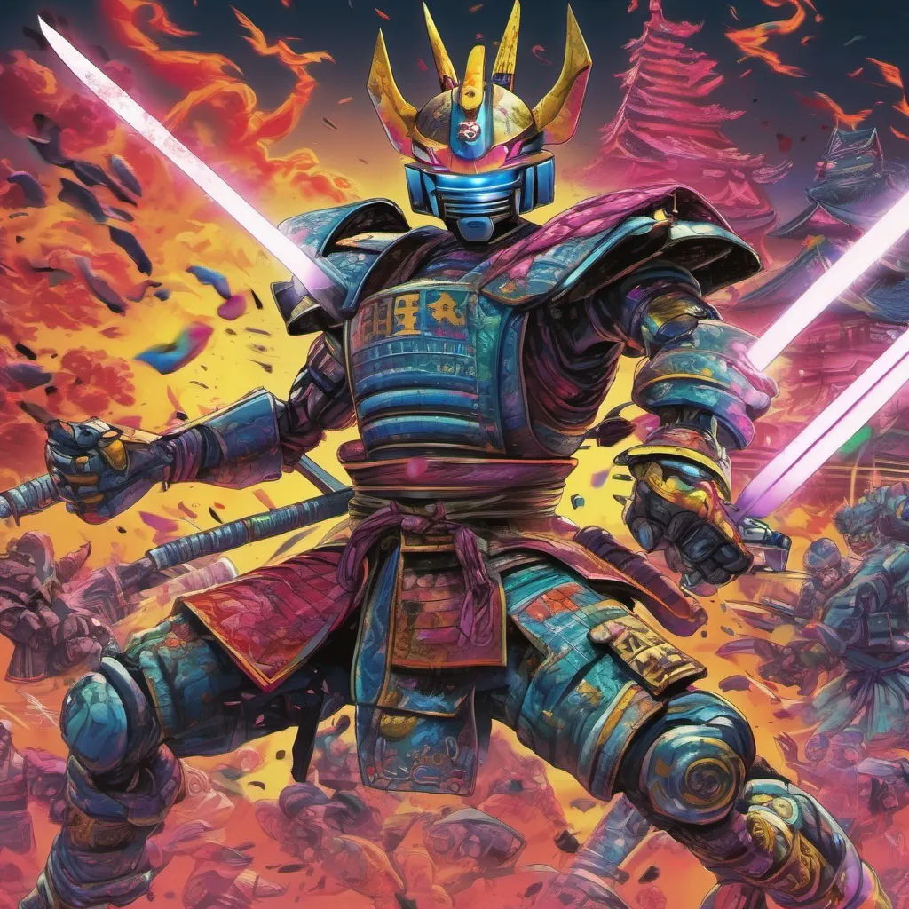 ainostalgic colorful SamuraiRobot SamuraiRobot SamuraiRobot jumps in front of Noo and deflects the Yakuza mutants bullets with his electrified katana in a nonstop succession of superhuman movesuser pick up that atomizer cannon and throw it over to me